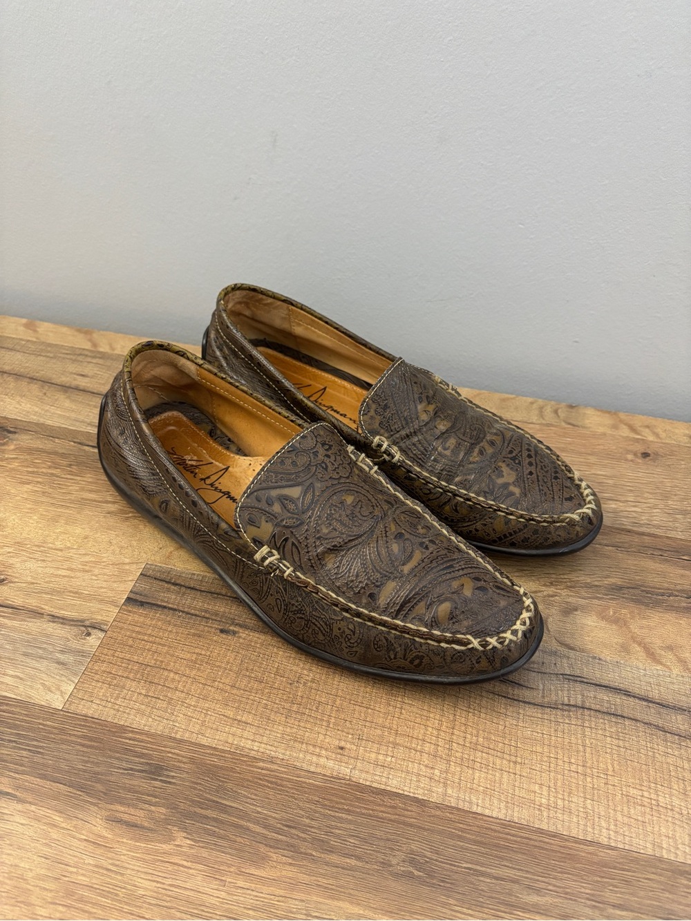 Martin Dingman Paisley Embossed Leather Slip On Driving Moccasin Brown Men’s